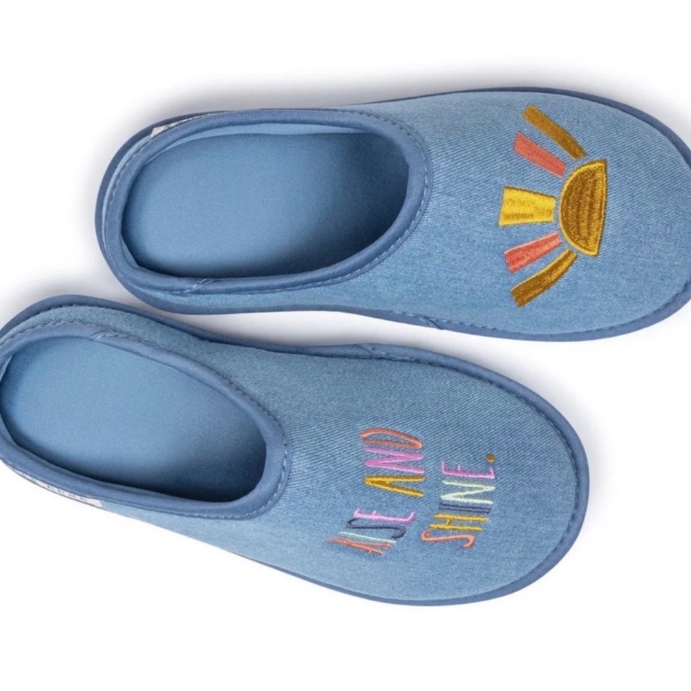 RAE DUNN Blue Embroidered Slippers